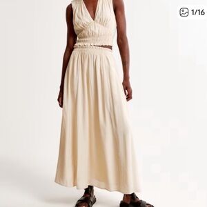 Abercrombie & Fitch Crinkle Textured Plunge Set Top and Maxi Skirt Cream Size S